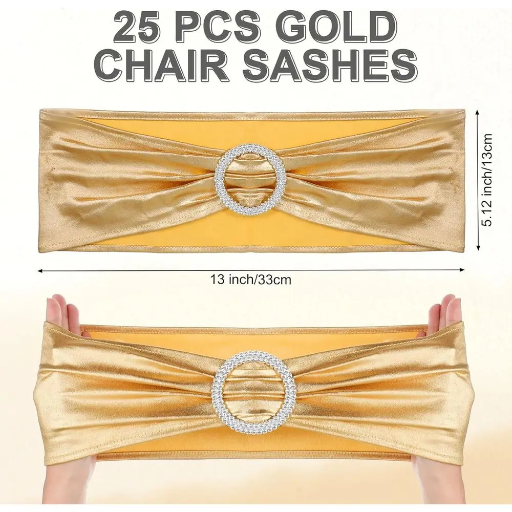 Set di 50 fodere per sedie pieghevoli: 25 elastici e 25 fasce con paillettes per matrimoni, feste ed eventi (nero e oro)