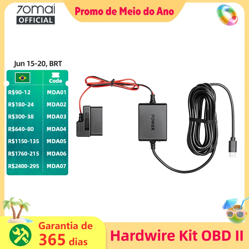 Kit de Fiação Ajustável 70mai OBD II com Interface Tipo-C Plug & Play, Kit OBD 70mai para Vigilância de Estacionamento 24H para Câmeras Veiculares 70mai