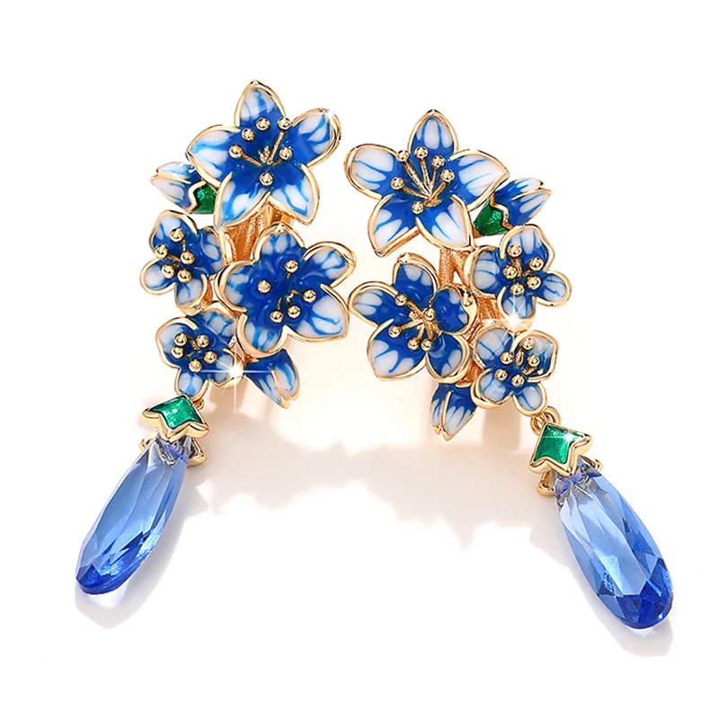 Huitan, nuevo diseño, pendientes azules de la gloria de la mañana para mujer, pendientes de flores románticos para fiesta de boda de novia de Color dorado de lujo, joyería