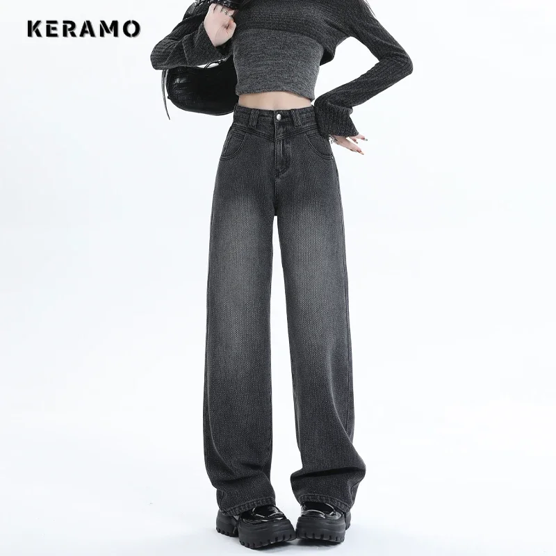 

Vintage Casual High Waist High Street Style Solid Straight Jeans Full Length Pants Women's Wide Leg Baggy Y2K Denim Trouser