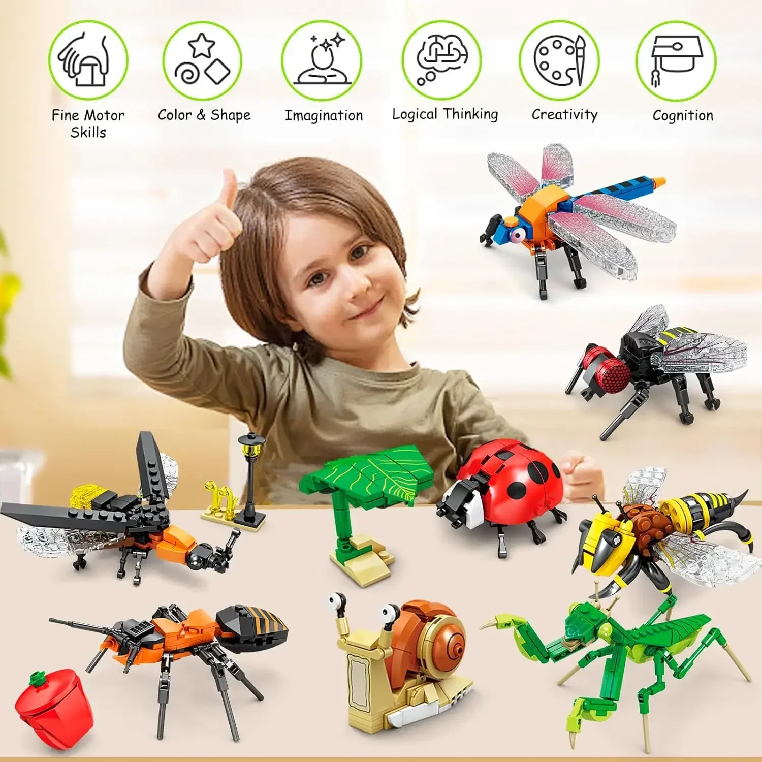 Ensemble de blocs de construction d'insectes et d'insectes pour enfants, jouets de puzzle, équation de scarabée et de mante, nuits d'escargot, jeu de cerveau, cadeau d'animaux