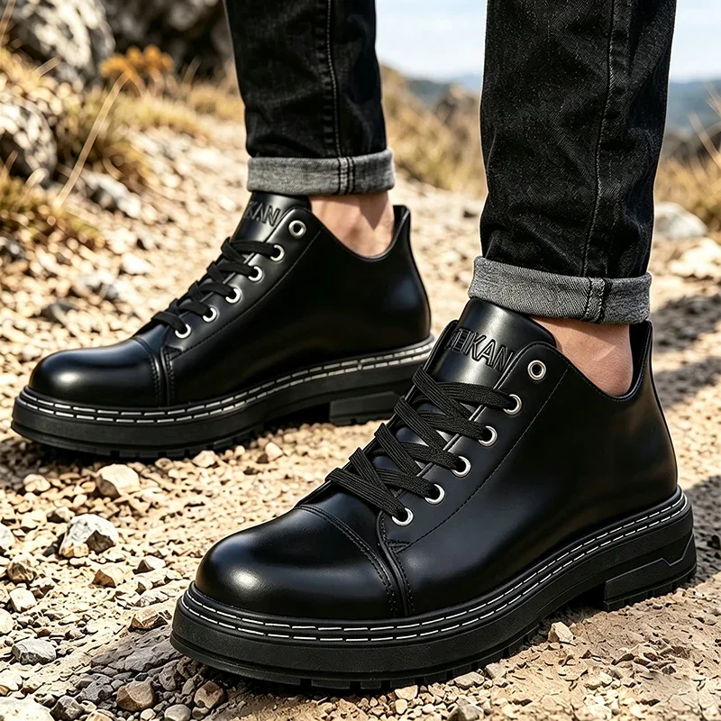 Schwarze Herren-Lederschuhe mit Schnürung, dicke Sohle, Business-Casual, formelle Alltagsschuhe, Oxford-Schuhe für Männer – Detail 12
