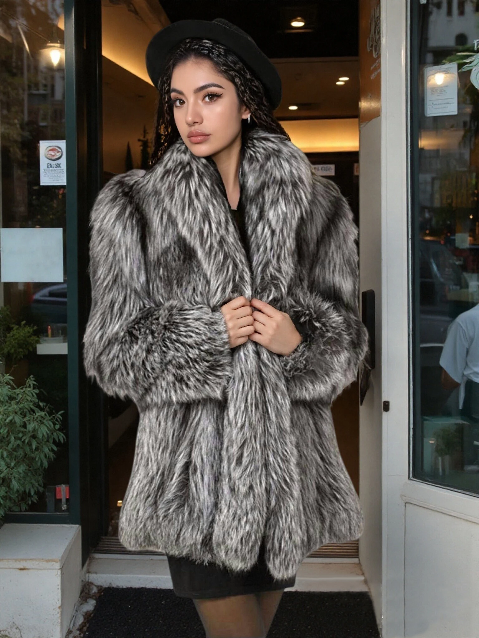 

Women's Silver Gray Gradient Faux Fox Fur Coat 2025 Winter Length Fluffy Warm Luxury Jacket for Daily Party Streetwear