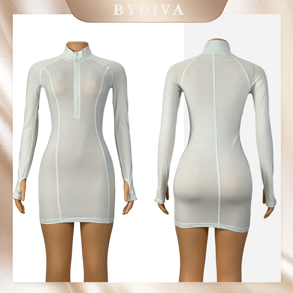 BYDIVA – robe moulante à manches longues pour femme, vêtement de sport décontracté avec fermeture éclair sur le devant, à rayures sur la hanche, Mini robe courte Slim, automne