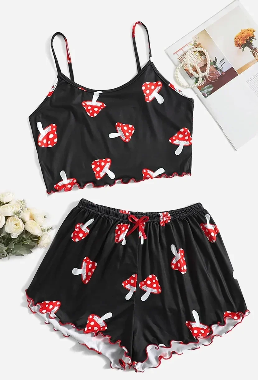 Mushroom Lettuce Women Pajama Set Sleeveless O Neck Crop Top & Elastic Waist Shorts 2 Pieces Female Sleepwear Summer Nightwear