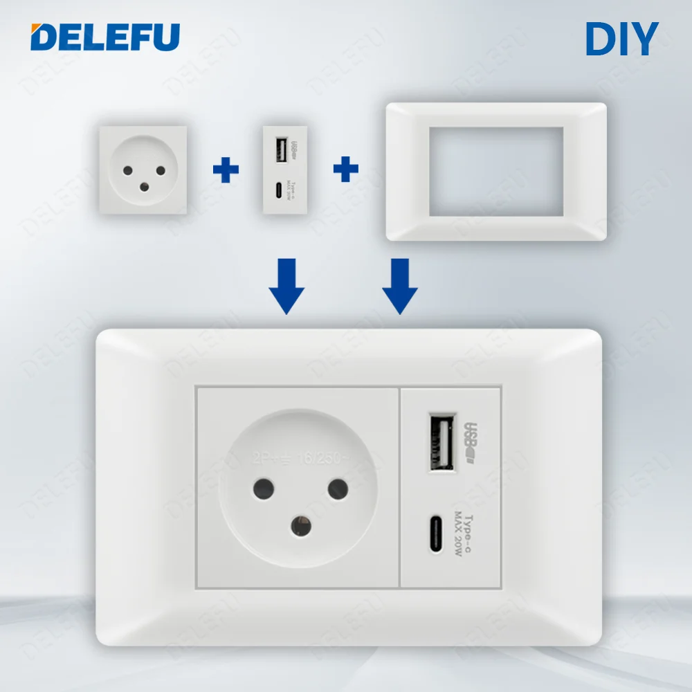 DELEFU Israel Socket DIY Blank Board USB TypeC Doorbell Switch 45A 20A Curtain TEL CAT5 TV HDMI SAT Smart White