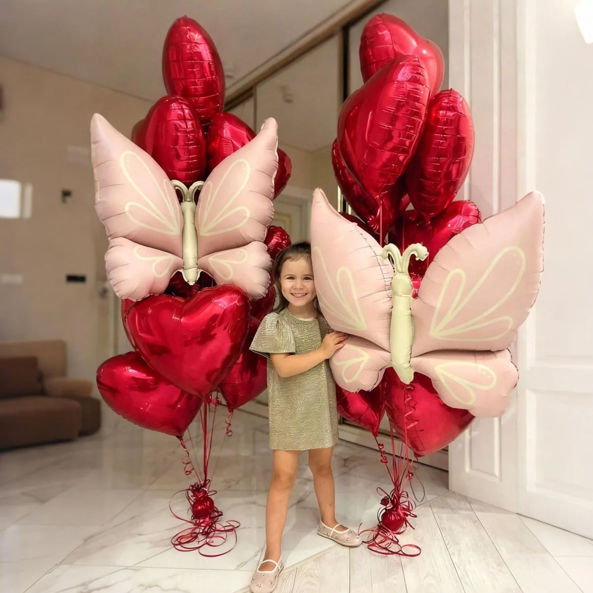 Rosa Schmetterlings-Ballon-Set, 45,7 cm, rotes Herz, Aluminiumfolie, Ballon für Geburtstag, Vorschlag, Valentinstag, Duschdekoration – Detail 3