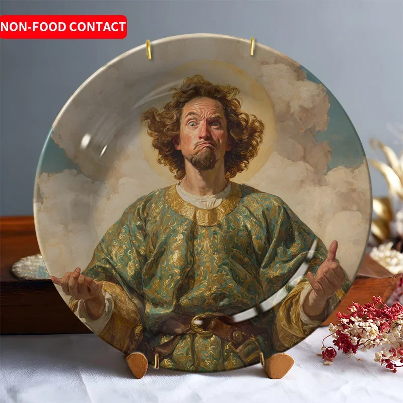 1pc Vintage Ceramic Decorative Plate - Hand-Painted Bearded for Man in Green Robe Artwork, Round Wall Decor for Living Room,