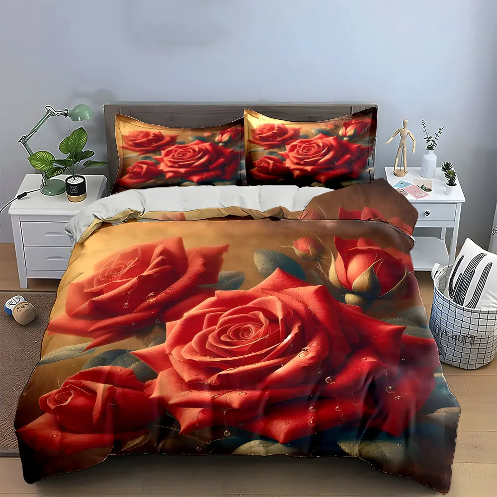3Pcs Red Rose Bedding Set,Romantic Water Drop Roses Print Duvet Cover Set,Vintage Floral Pattern for Valentine's Bedroom Decor