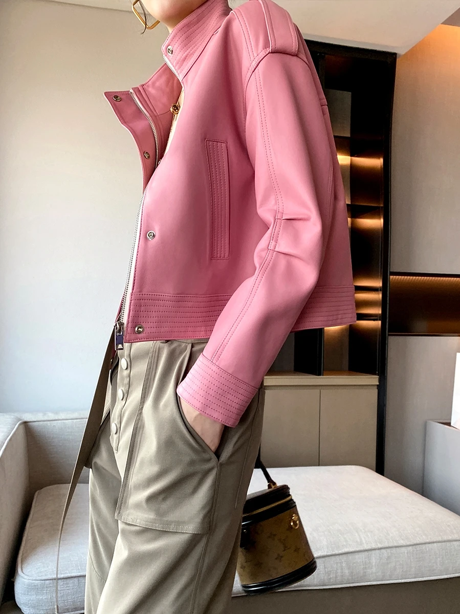 2024 New High End Light Coated Real Sheepskin Short Casual Coat Pink Genuine Leather Jacket Women Fashion Clothing