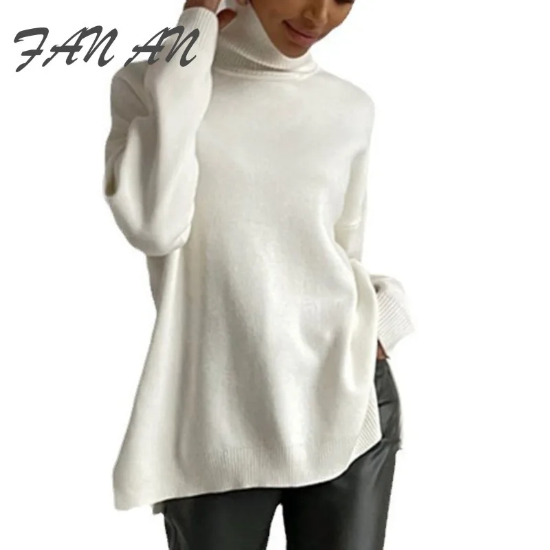 FANAN 2024 Autumn/Winter New Solid Color High Collar Sweater Women's Simple and Versatile Split Knitted Sweater Quality Soft Top