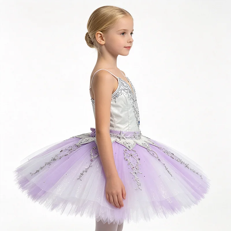 Womens Thin Strap V Neck Ballet Tutu Performance Dress Silver Rhinestone Vine Scroll Embroidery Petal Trim Light Purple Gradient