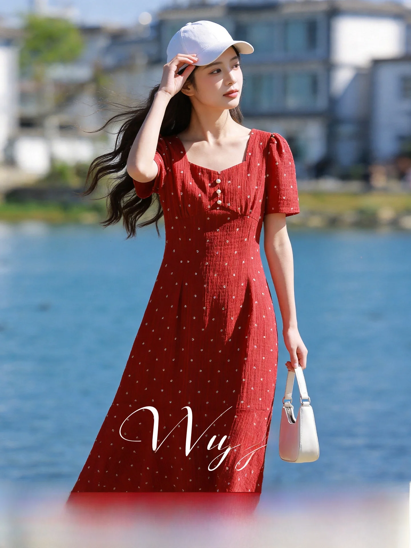 

Slimming Retro Polka Dot Summer Dress Large Size Square Collar Long Waist-Cinching A-Line Dress Polyester Fiber Bubble Sleeve