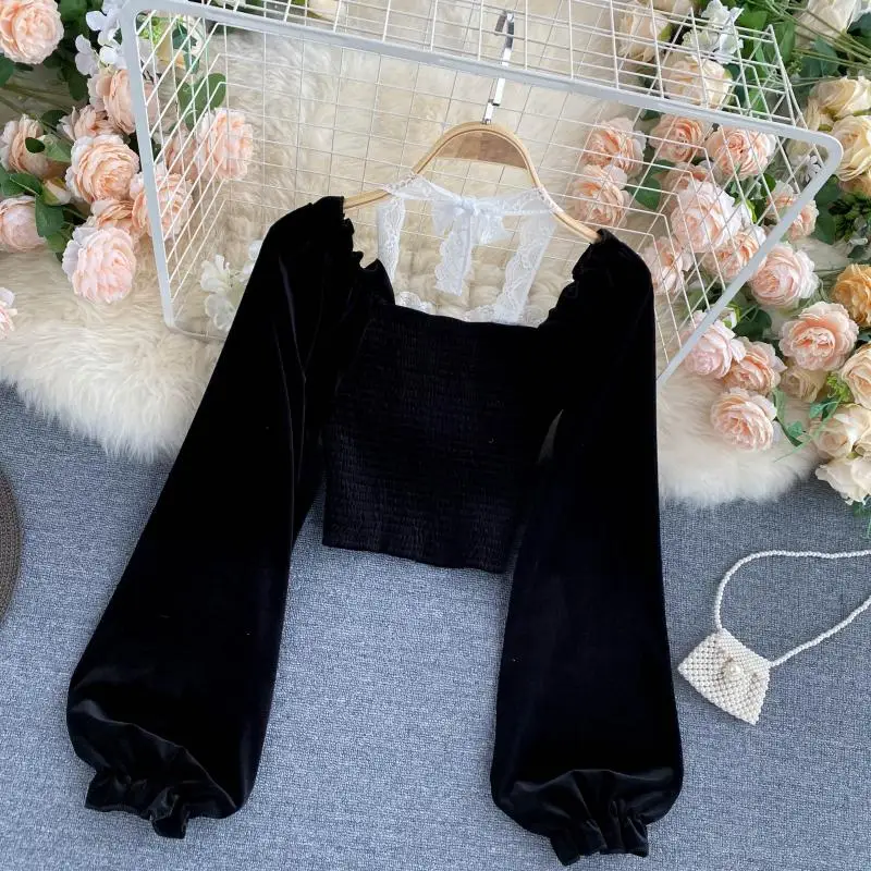 Autumn Women Black Sexy Square Collar Lace Patchwork Velvet Blouse Female Elegant Flare Long Sleeve Short Tops Fashion Blusas