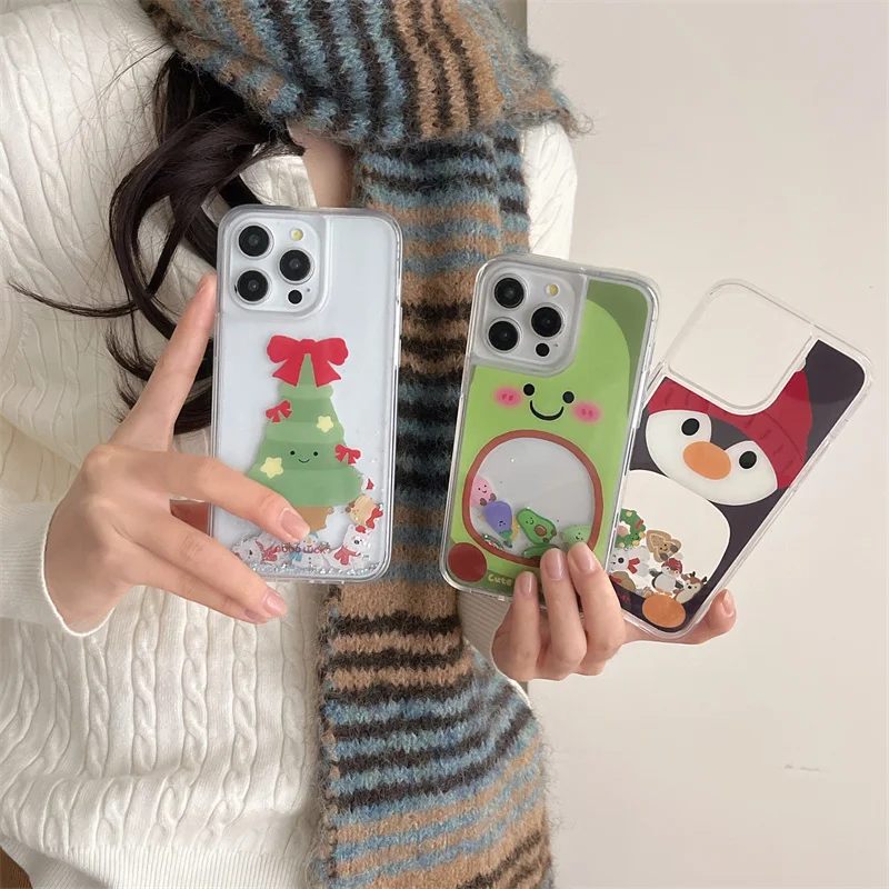 Cute Christmas Snowman Wish Tree Gingerbread Man Fruit Bear Penguin Quicksand Glitte Case For iPhone 13 14 15 16 Pro Max Cover