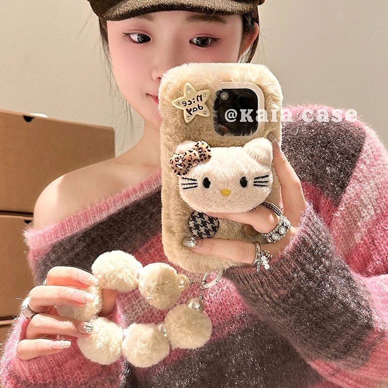 Kawaii Cartoon 3D Winter Hello Kitty 16Promax Phone Case iPhone 13 Female 15Promax Hanging Rope 16Pro  Inclusive Phone Case