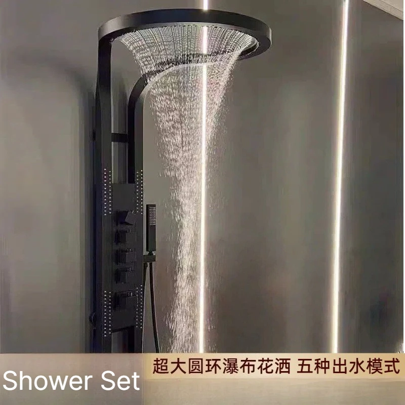 Pure Copper Wall Mount Thermostatic Shower Set, Waterfall Rotating Multifunctional Pressurized Bathroom Shower Kit