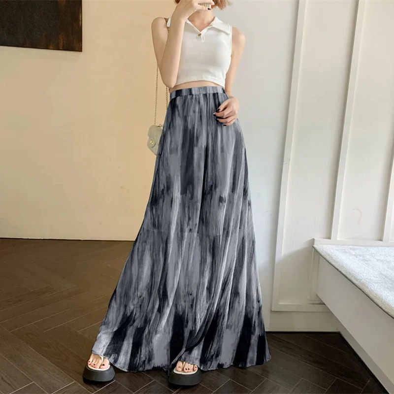 MEXZT Vintage Tie Dye Long Skirt Women Harajuku Tulle Print Maxi Skirts Summer Vacation Korean High Waist Mesh A Line Skirt New