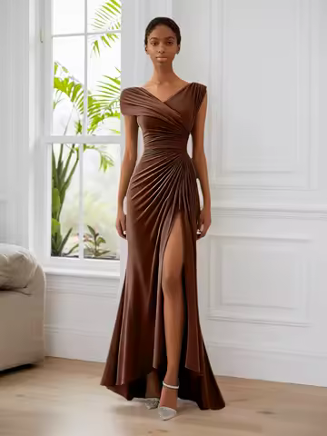 Chiffon Bridesmaid Dresses for Wedding V Neck Ruched Formal Dress Mermaid Pleated Maxi Evening Party Gown