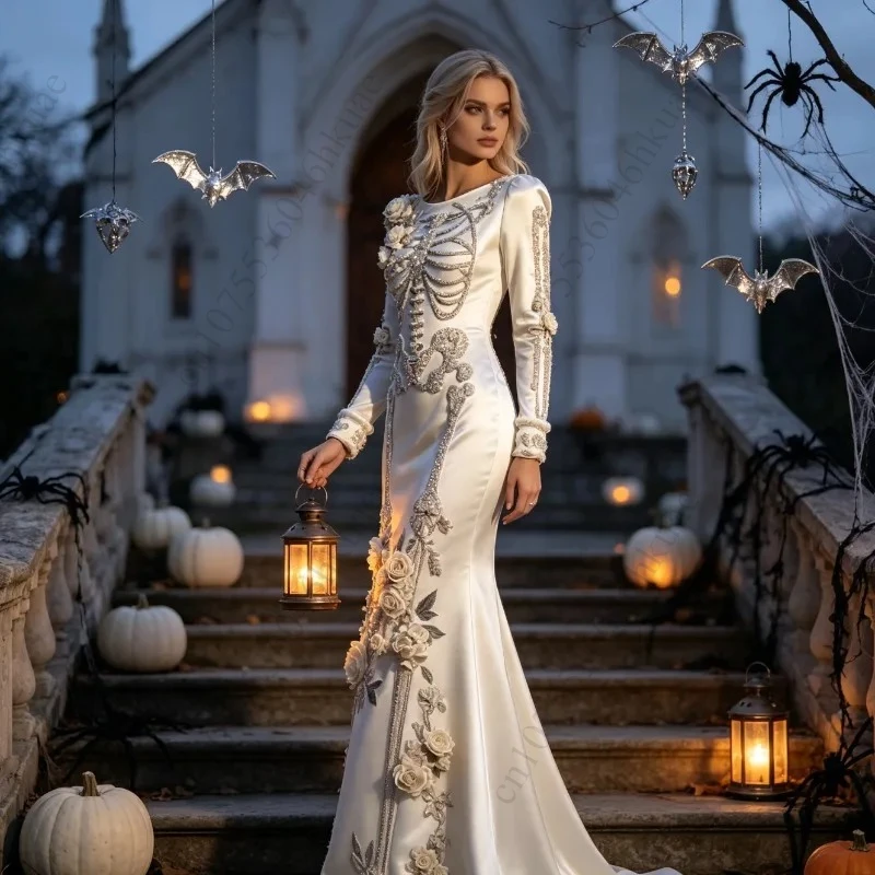 halloween-long‑sleeved-party-dress-white-bone‑skeleton-embroidered-gown-with-dark‑rose-3d-floral-decoration-for-holiday-event