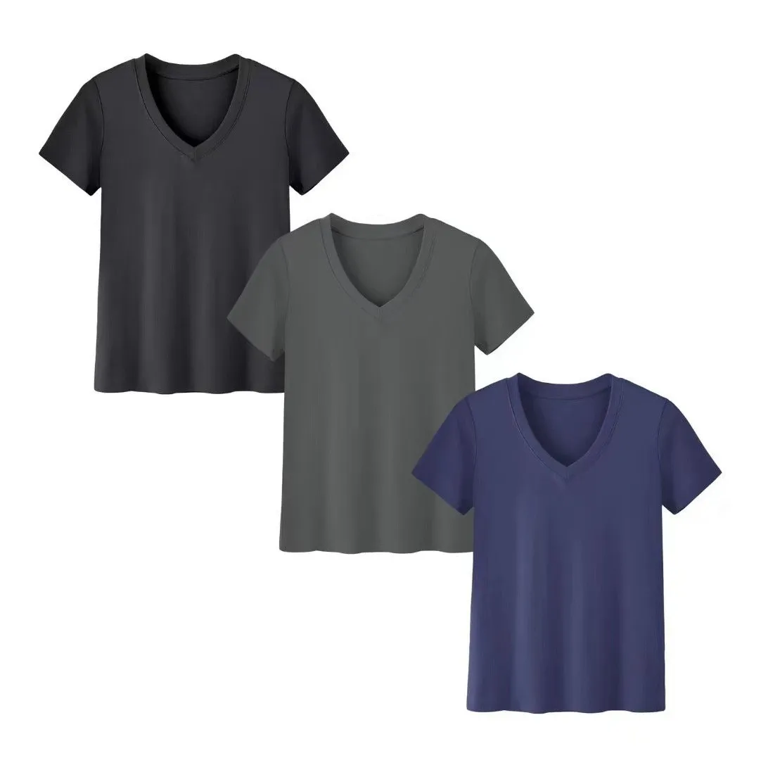 Women's Casual High Neck Short Sleeve Knit Skims Set T Shirt Solid Color Color Block Pullover Coord Sport Outfit Loose Fit view 4