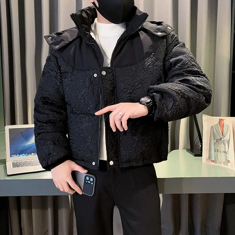 2023 Winter Korean Jacquard Thick Warm Short Parka Coats Men Casual Loose Hooded Puffer Outwear Windbreak Overcoat Men Clothing