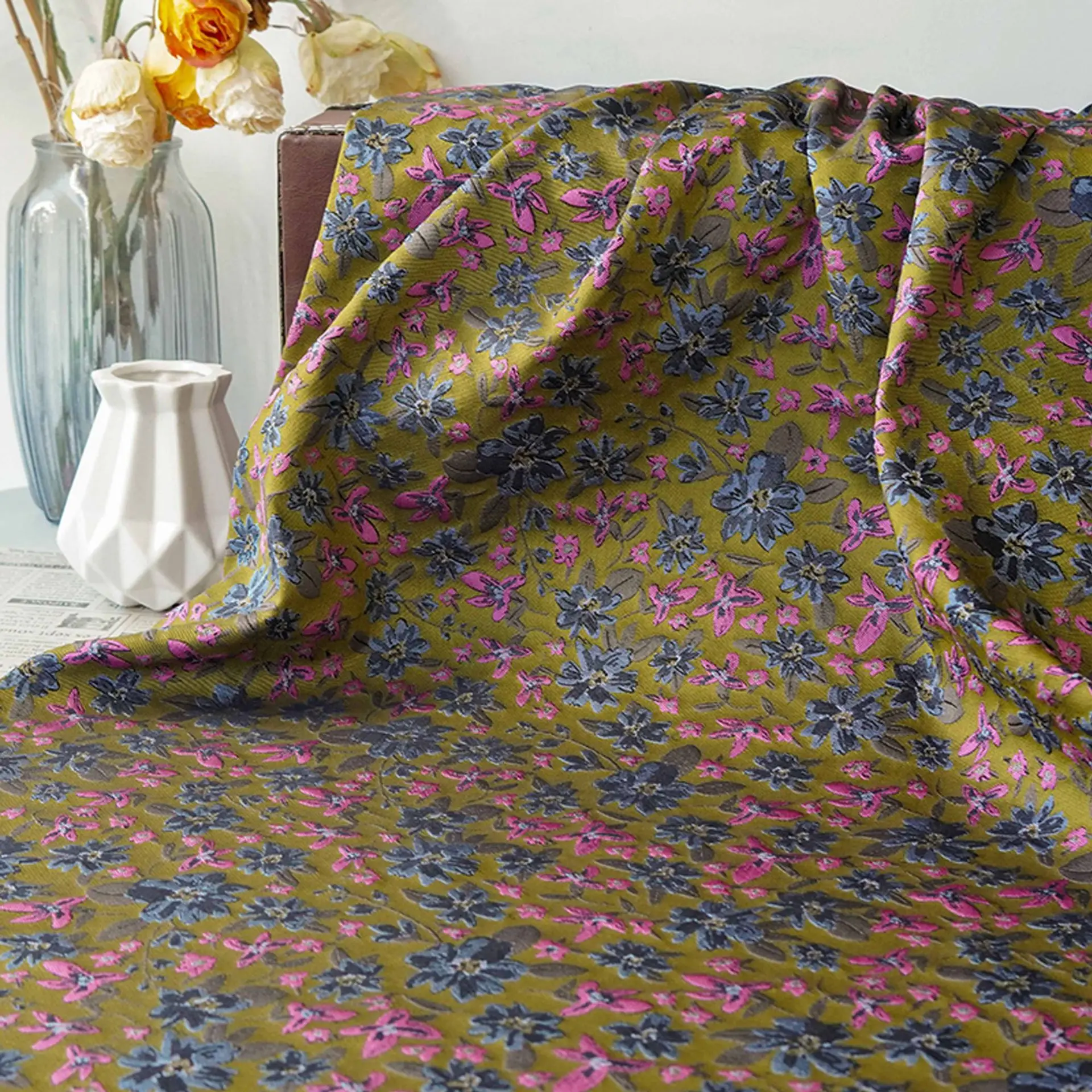 

New Luxury Blue Pink Small Floral Embossed Jacquard Fabric DIY Dress Dress Home Decor Fabric Hand Sewing Cloth Sold by Meter