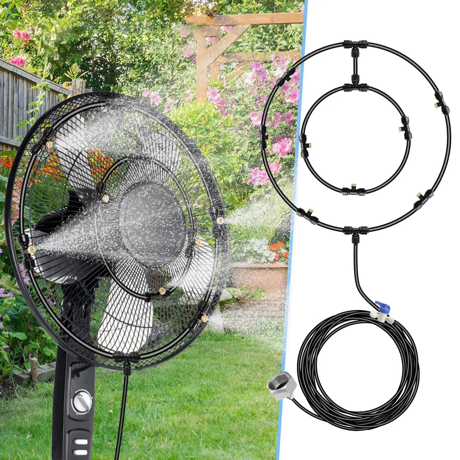 Outdoor Fan Mist Cooling System Portable Patio Fan Misters Kit with 6 Removable Nozzles Water Fog Sprayer Garden Nebulizer