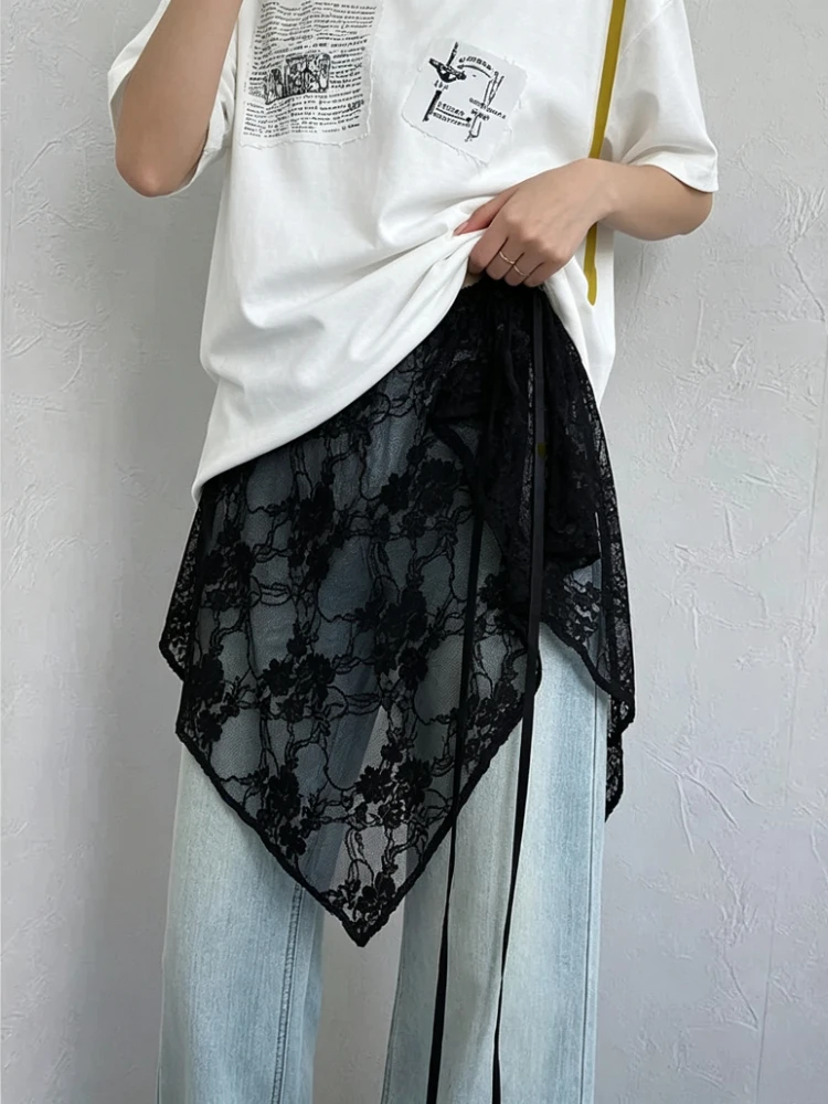 Women Sweet Lolita Style Lace Apron Skirt Harajuku Streetwear Irregular Mesh Layered Wrap Skirt Casual Summer Goth Vintage Skirt