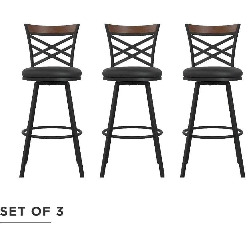 Niam Upholstered Seat Swivel Black PU, Set of 3 Barstool