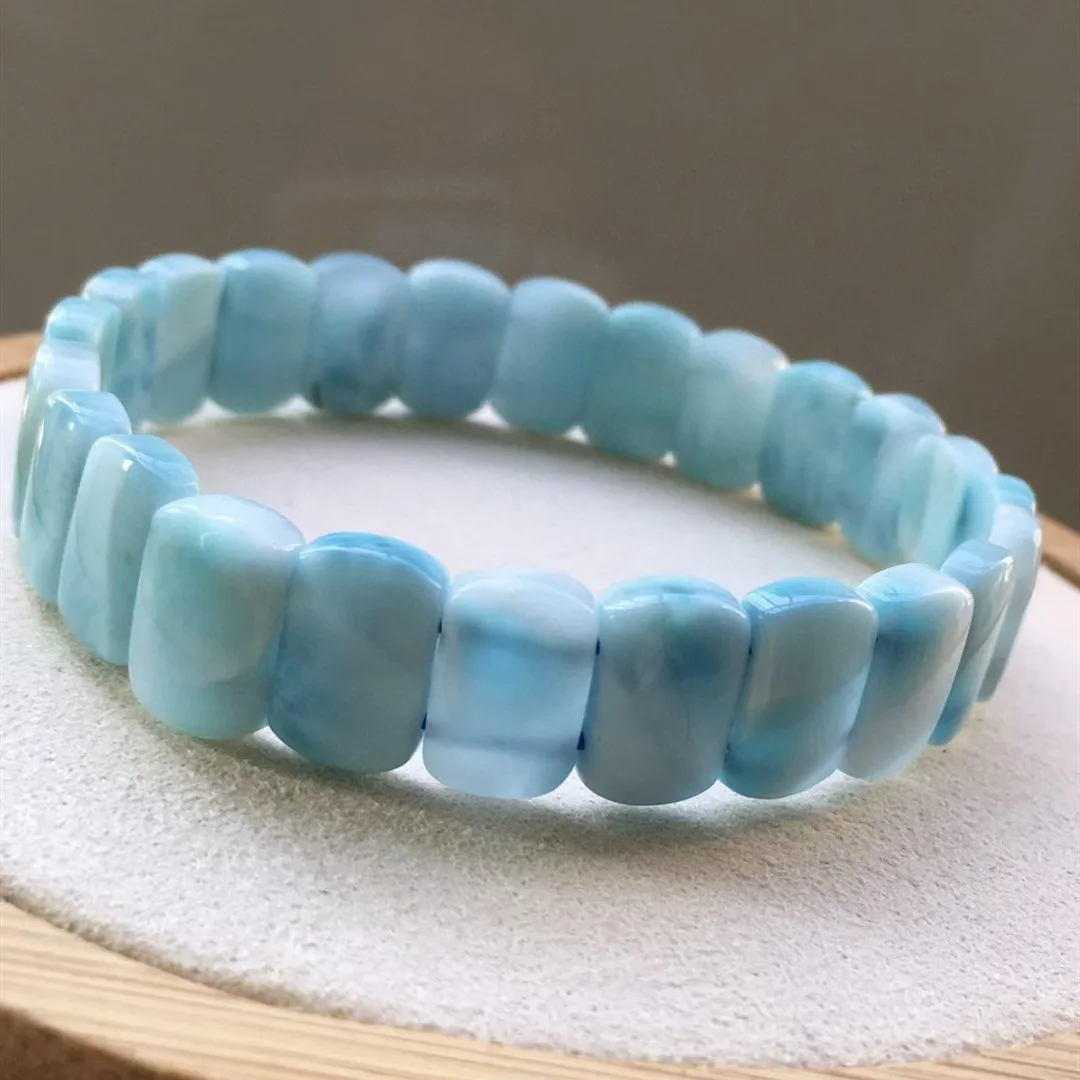 

Natural Blue Larimar Rectangle Beads Stretch Bracelet Women Men Gemstone 12x8mm Water Pattern Round Bead Natural Larimar AAAAA