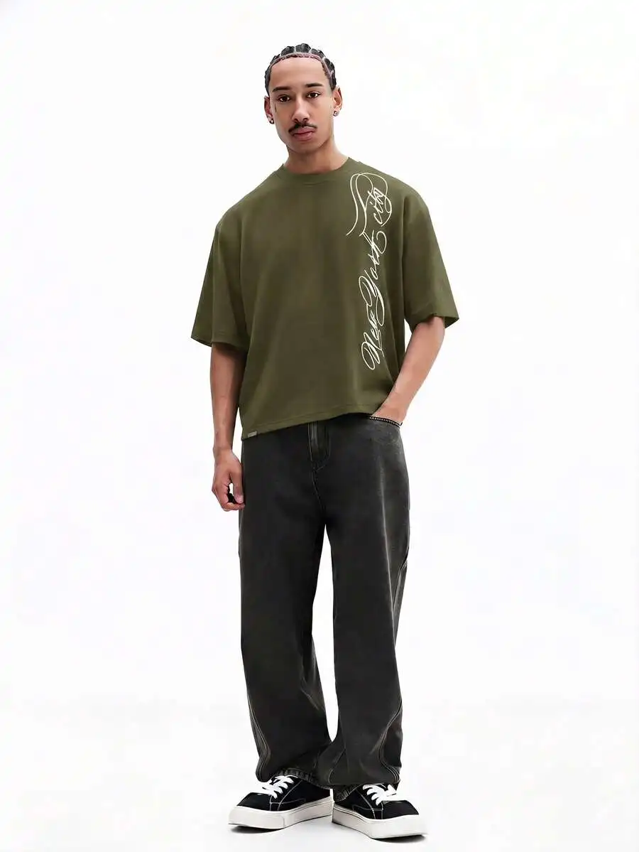 

Oversized Graphic Crew Neck Short Sleeve Cotton Tee Cursive Script Print Urban Streetwear Relaxed Fit Summer