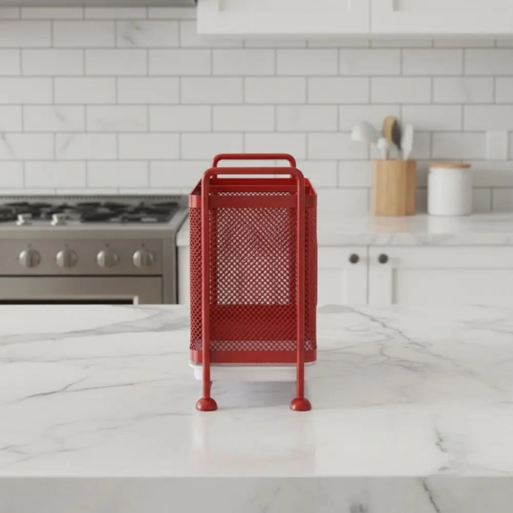 Carbon Steel Cutlery Drain Rack with Drip Tray Separated Chopstick Storage Box Well-ventilated Red