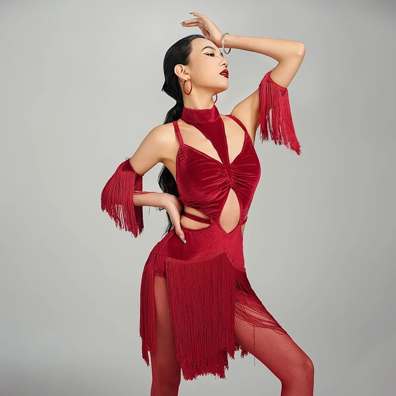 2024 New Latin Dance Competition Dress For Women Sexy Backless Fringe Clothes With Armband Female Chacha Latin Costumes DQS17069