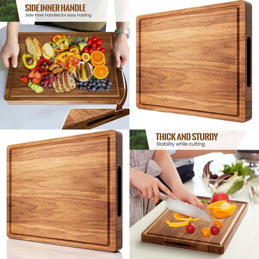 

Large Acacia Wood Chopping Board, 24x18x1.2 Reversible Kitchen Board with Juice Grooves and Handle for Meat, Cheese, Veg, Fruits