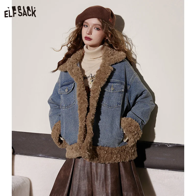 

ELFSACK Blue Denim Cotton Coats Women 2023 Winter Vintage Warm Jackets