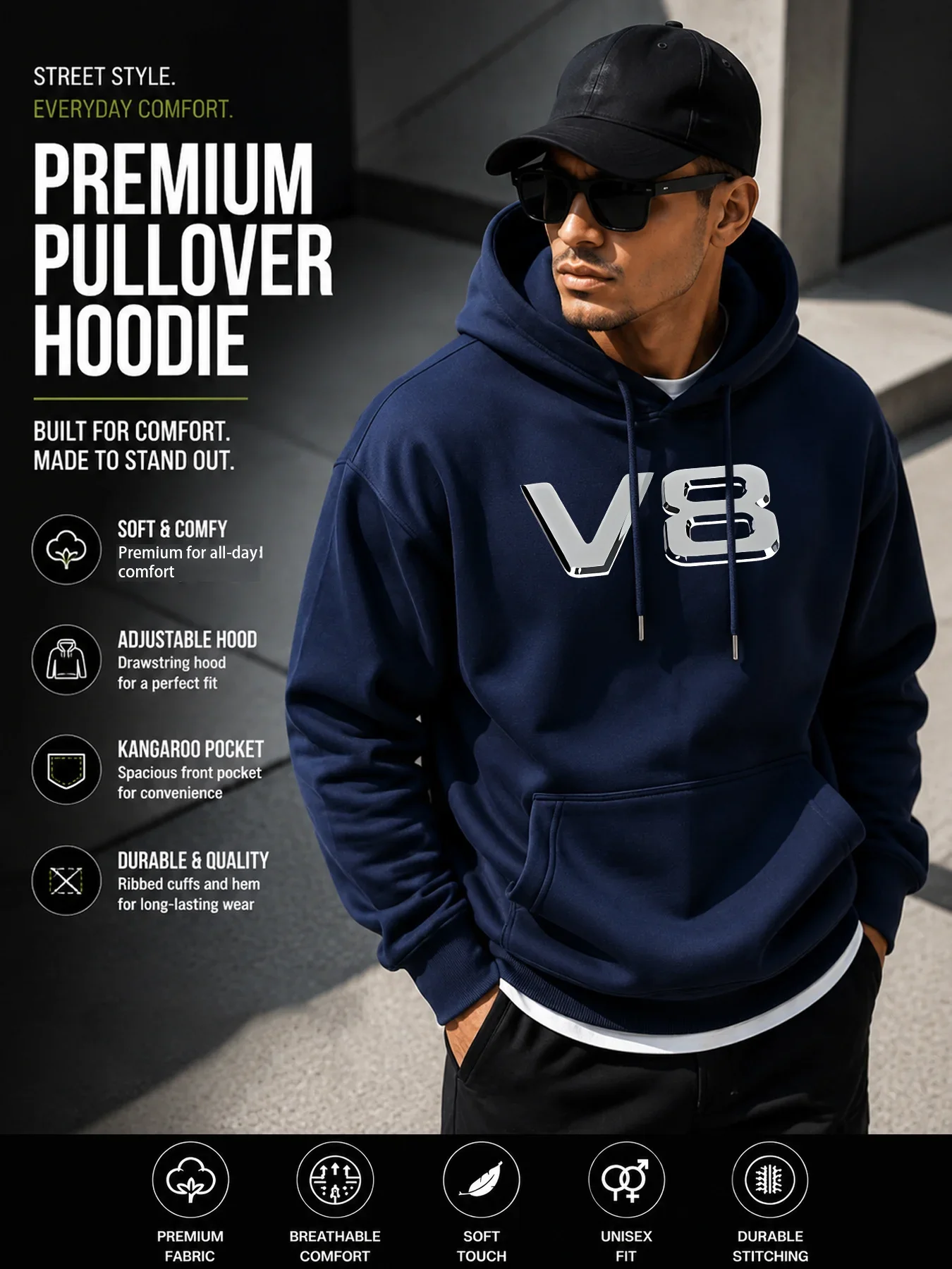 Men's Graphic Hoodie V8 Engine Metallic Letter Print Vintage Racing High Street Oversized Sweatshirt Suitable for Streetwear