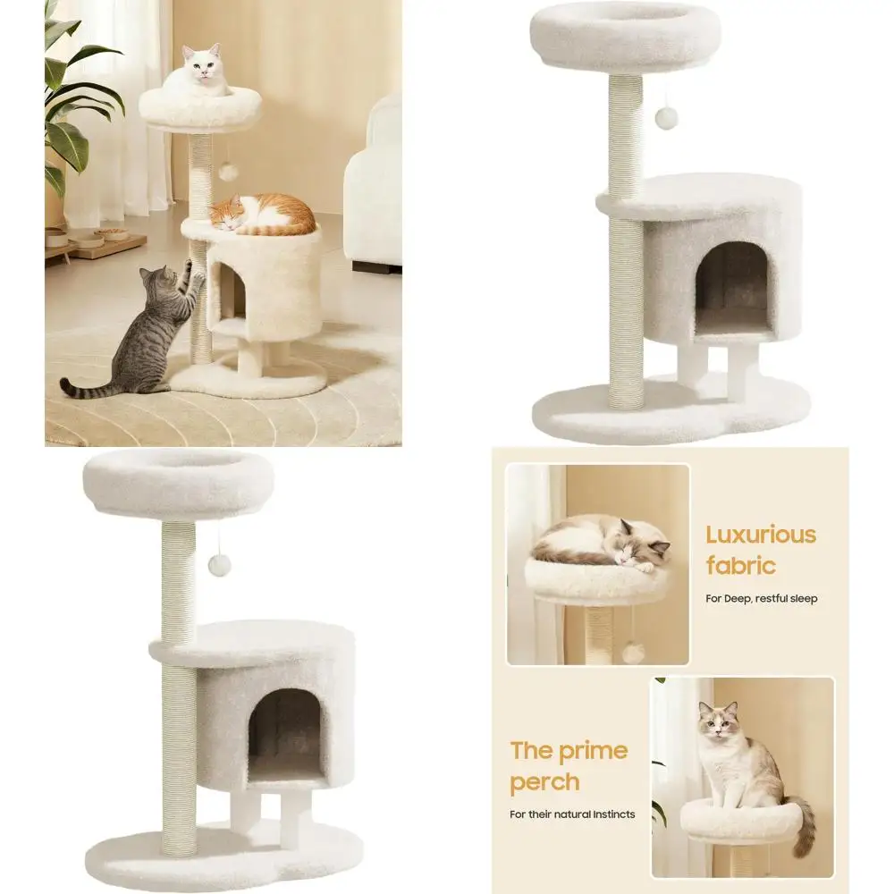 

Бежевая домашняя кошачья башня 34.3 с когтеточкой, домиком, интерактивным мячиком и плюшевой лежанкой для крупных кошек