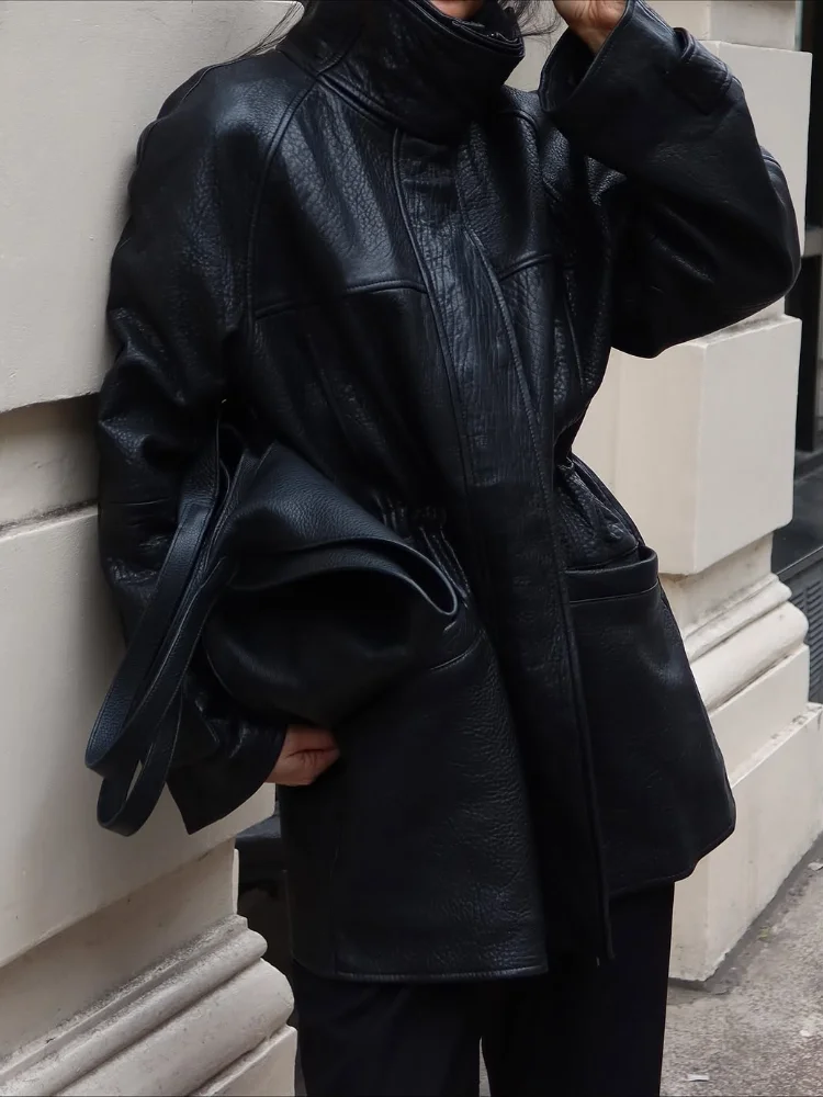 الشارع بولي Leather سترة جلدية النساء Y2k الصلبة سحابات طويلة الأكمام جيب الوقوف طوق معطف الإناث 2025 الشتاء سيدة أبلى
