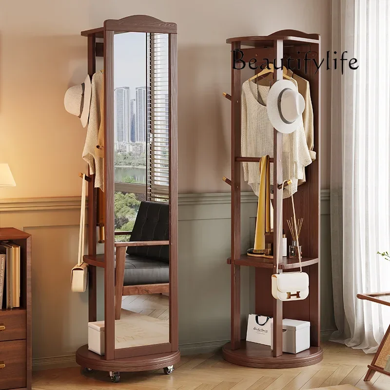 household floor solid wood movable rotating full-body mirror   Full-length mirror hanging hanger integrated