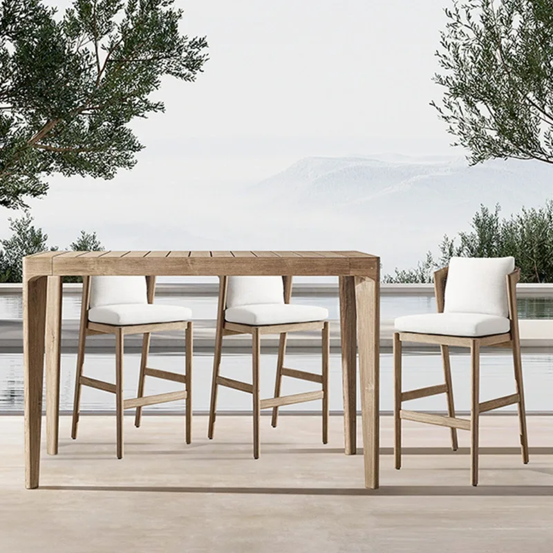 Outdoor Bar Chair Antiseptic Wood Open-air Villa High Stool Bar Outdoor Rattan Bar Chair Courtyard High Chair Bench