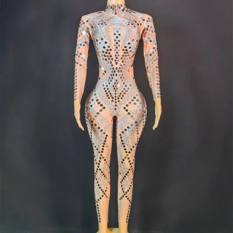 

Long Sleeve Mirrors Cosplay Costume Nightclub Dancer Outfit Performance Stage Wear Women Sexy Spandex Tight Jumpsuit