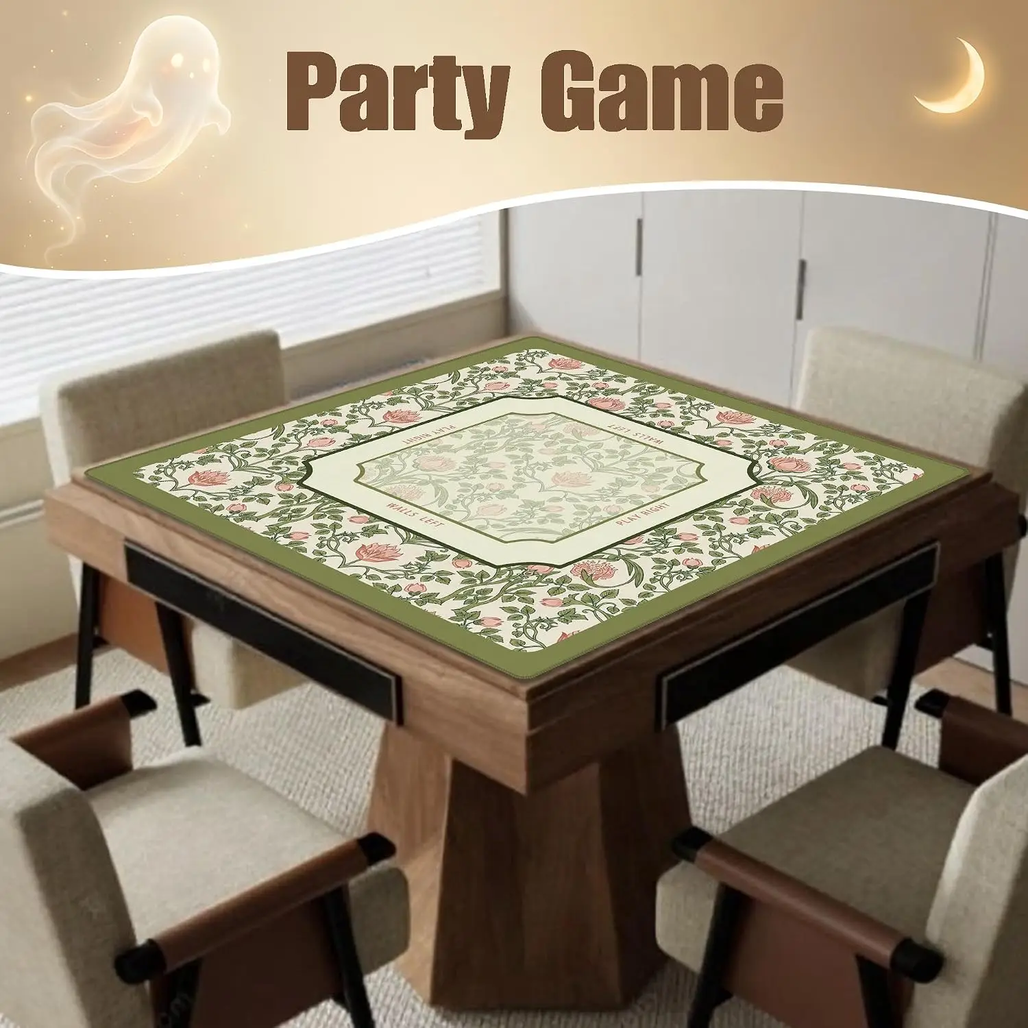 3mm Luxury Neoprene Mahjong Mat 31.5 Inch Vintage Green Pink Retro Boho Floral Non-slip Noise Reduction for Dominoes