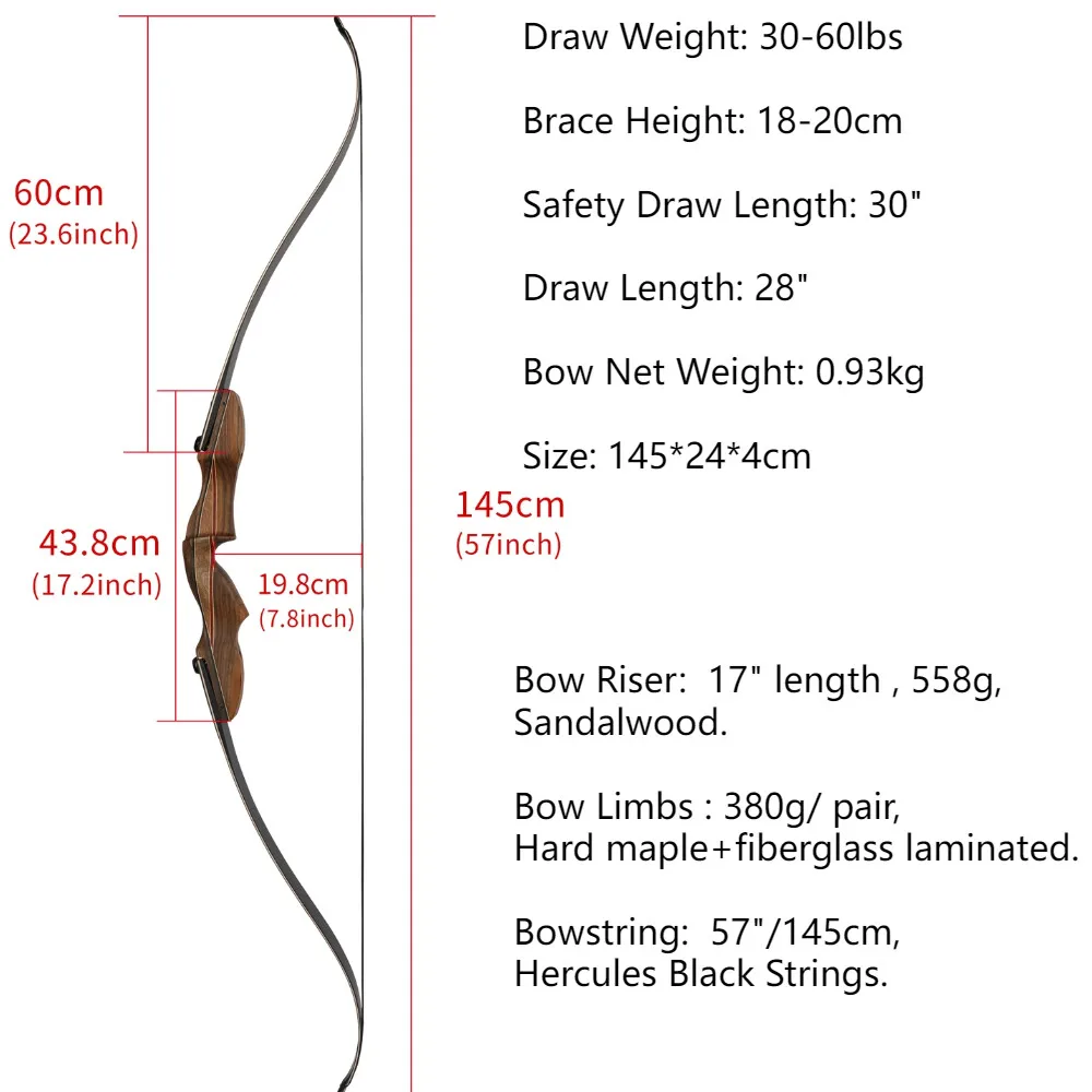 60inch Recurve Split Bow Set 50/60lbs Right Hand  ILF Detachable Wood Riser for Adults Outdoor Hunting Shooting Sports