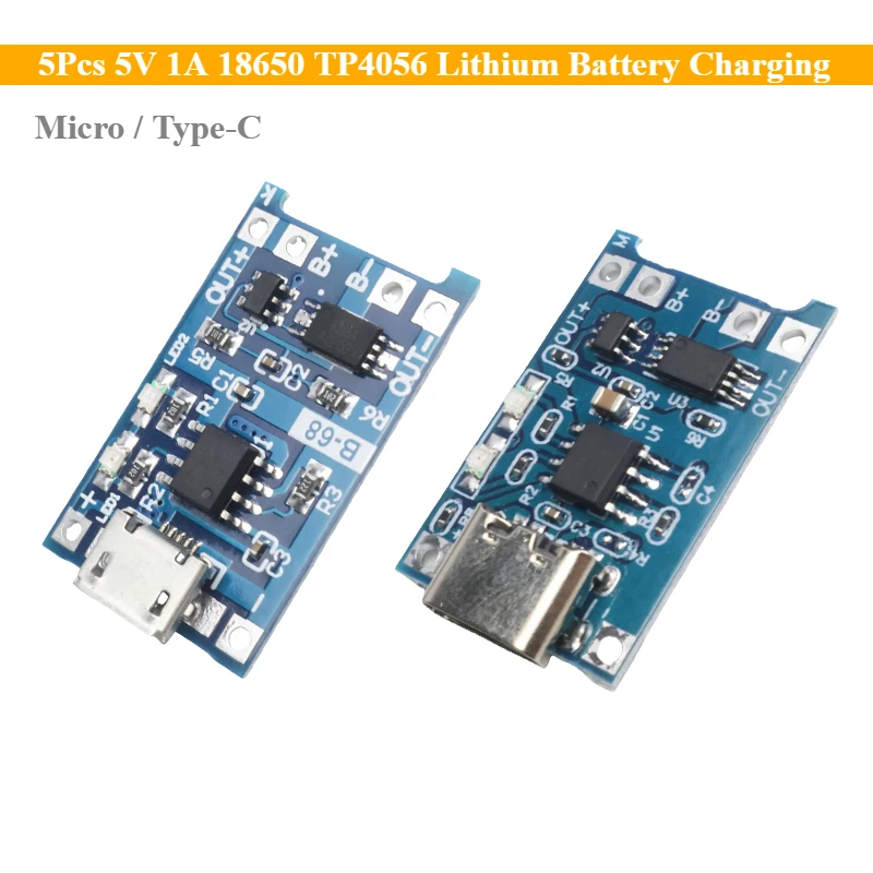 5Pcs 5V 1A 18650 TP4056 Lithium Battery Charging Board Lithium Charging USB Micro Type-C Charge Module with Protect Expand DIY