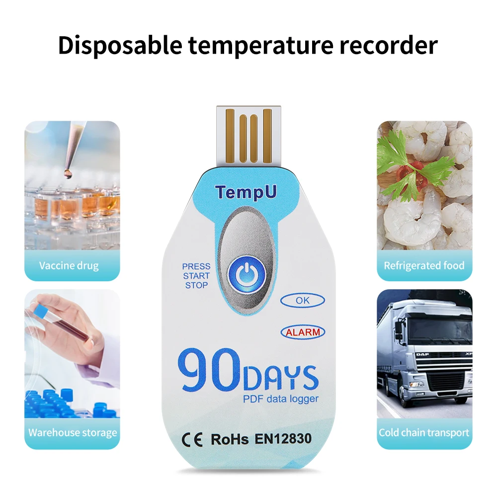 Watertight USB 2.0 PDF Disposable Temperature Data Logger 60 Days Cold Chain Thermometer Recorder for Biological Industry