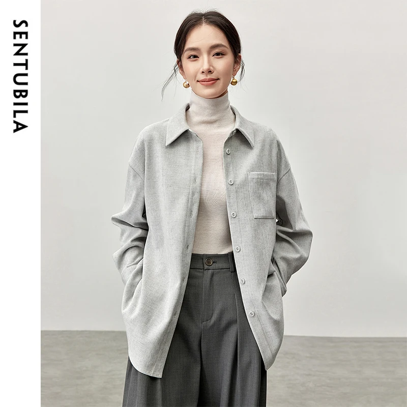 SENTUBILA Casual Loose Wool Shirt Women 2024 Winter Texture Folds Single Breasted Turn Down Collar Drop Sleeve Coats 144C57343