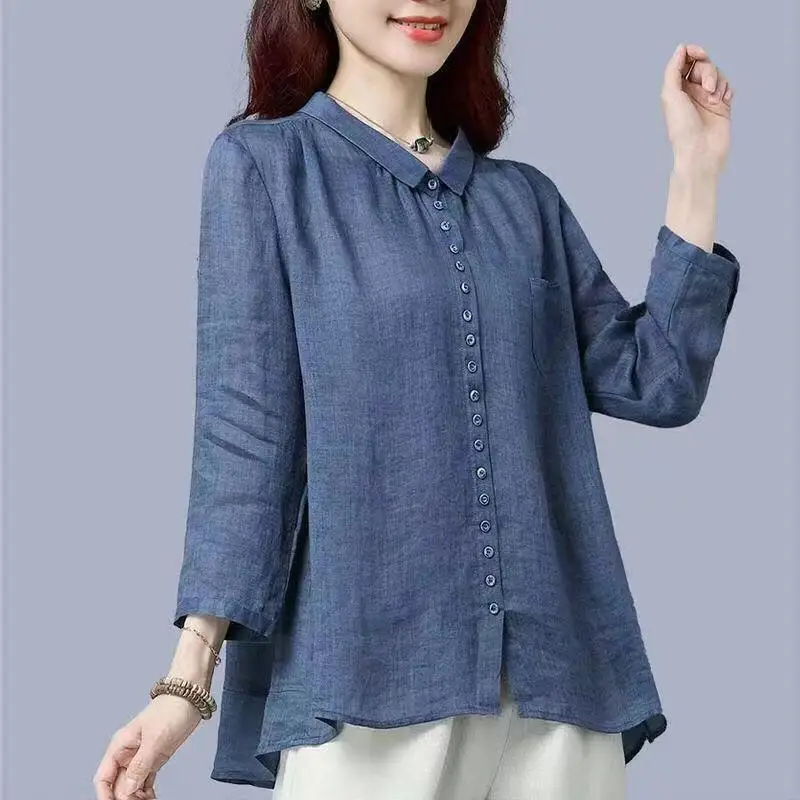 

Elegant Solid Color Lapel Button Korean Shirt Women's Clothing 2024 Autumn New Loose Casual Tops All-match Commute Blouse