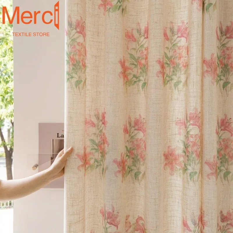 French Pastoral Linen Tulle Curtain Cotton and Linen Printed Tulle Curtains for Living Dining Room Bedroom Custom Size Drapes