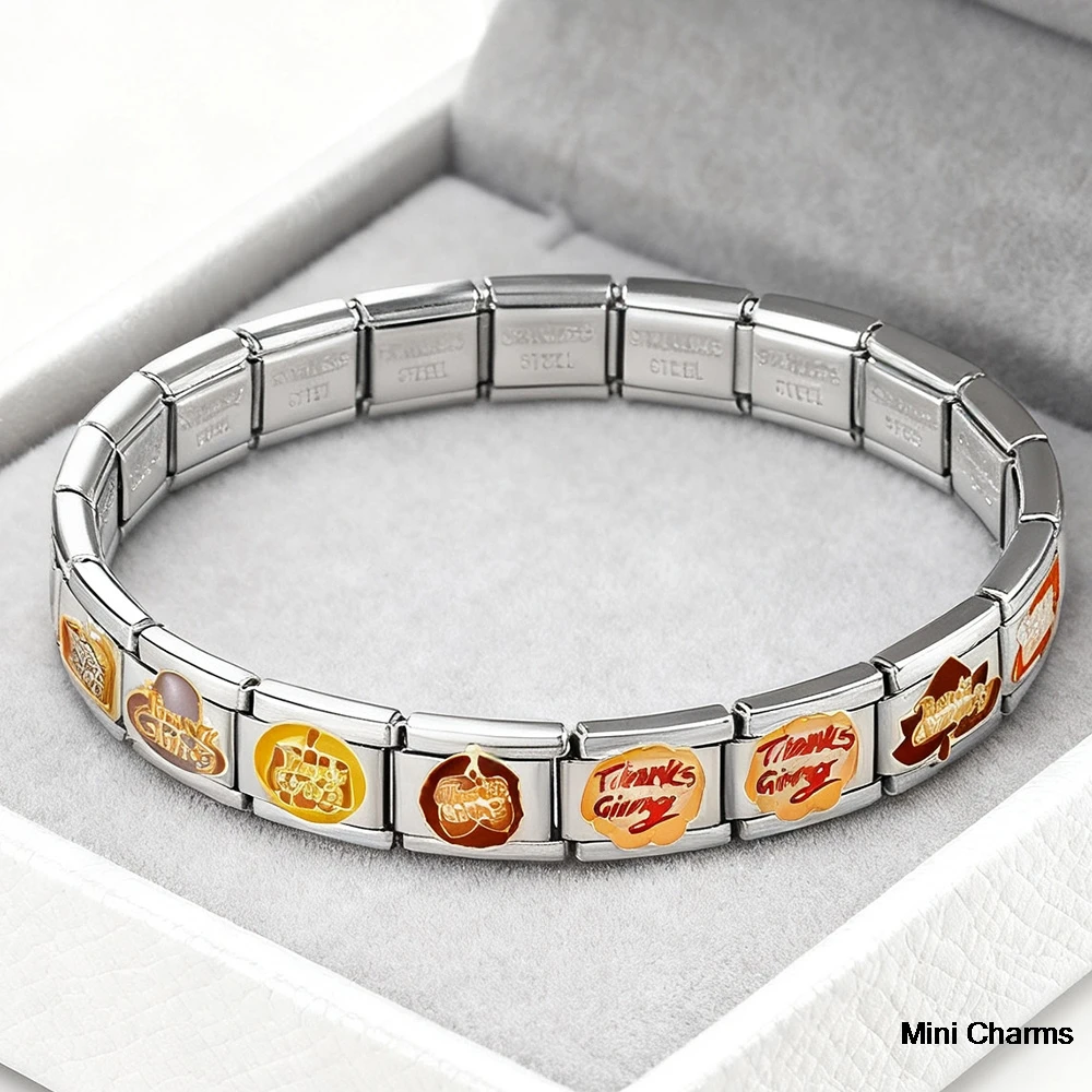 Modisches Damen- und Herren-Armband zum Erntedankfest mit Truthahn, Kürbis, Apfelkuchen-Motiven, italienischem Charm-Link, passend für 9mm Edelstahl-Armbänder, DIY-Schmuck – Detail 2